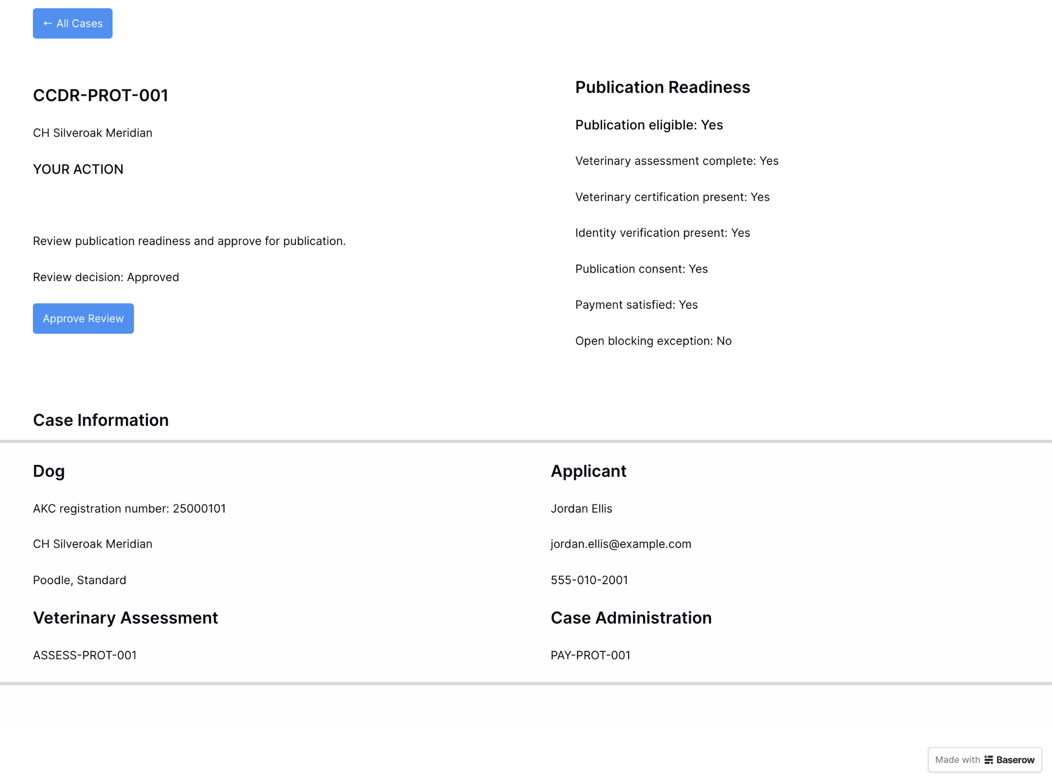Baserow case detail prototype linking dog, applicant, veterinary assessment and case administration records