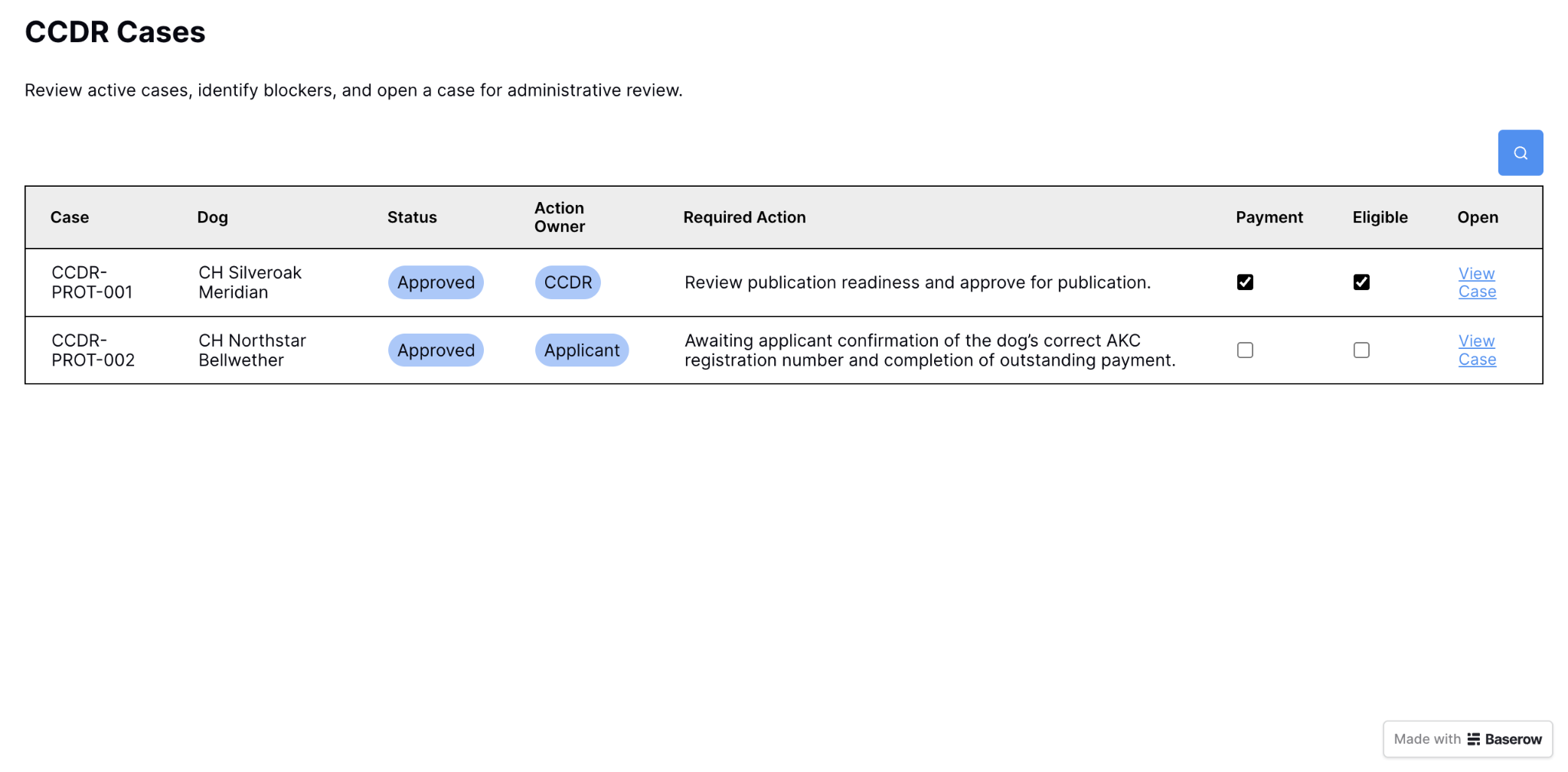 Baserow preview showing two cases, their review statuses, action owners, required actions, payment and publication eligibility
