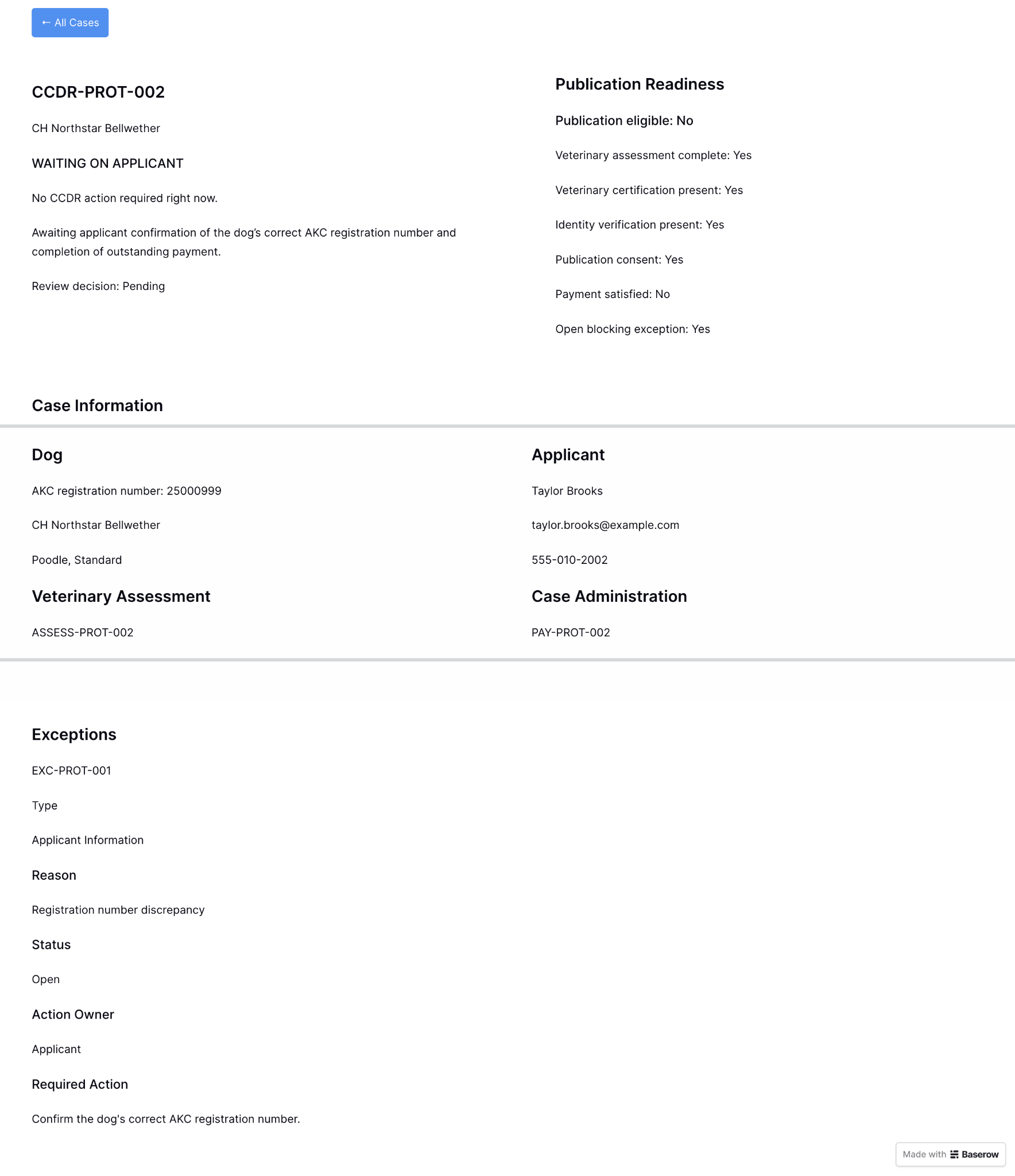 Baserow prototype case CCDR-PROT-002 showing pending review, publication ineligibility, unpaid balance, and an open registration-number exception